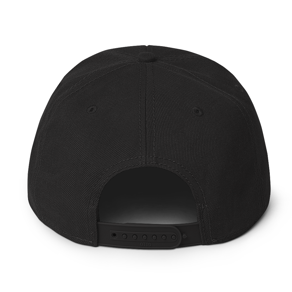 Flaunt It black structured snapback hat with adjustable plastic snap closure, back view