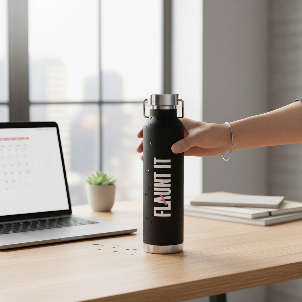 Flaunt It 22oz black stainless steel vacuum insulated water bottle with a leakproof cap held on a wooden desk.