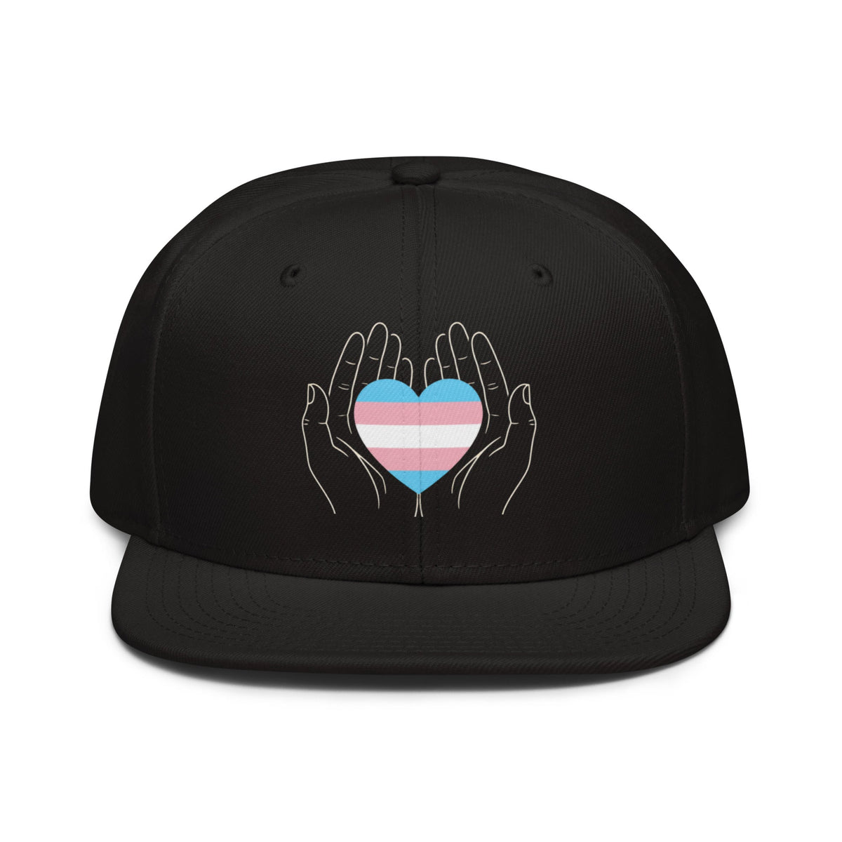 Flaunt It black snapback cap featuring a line-art graphic of hands holding a trans pride flag heart.