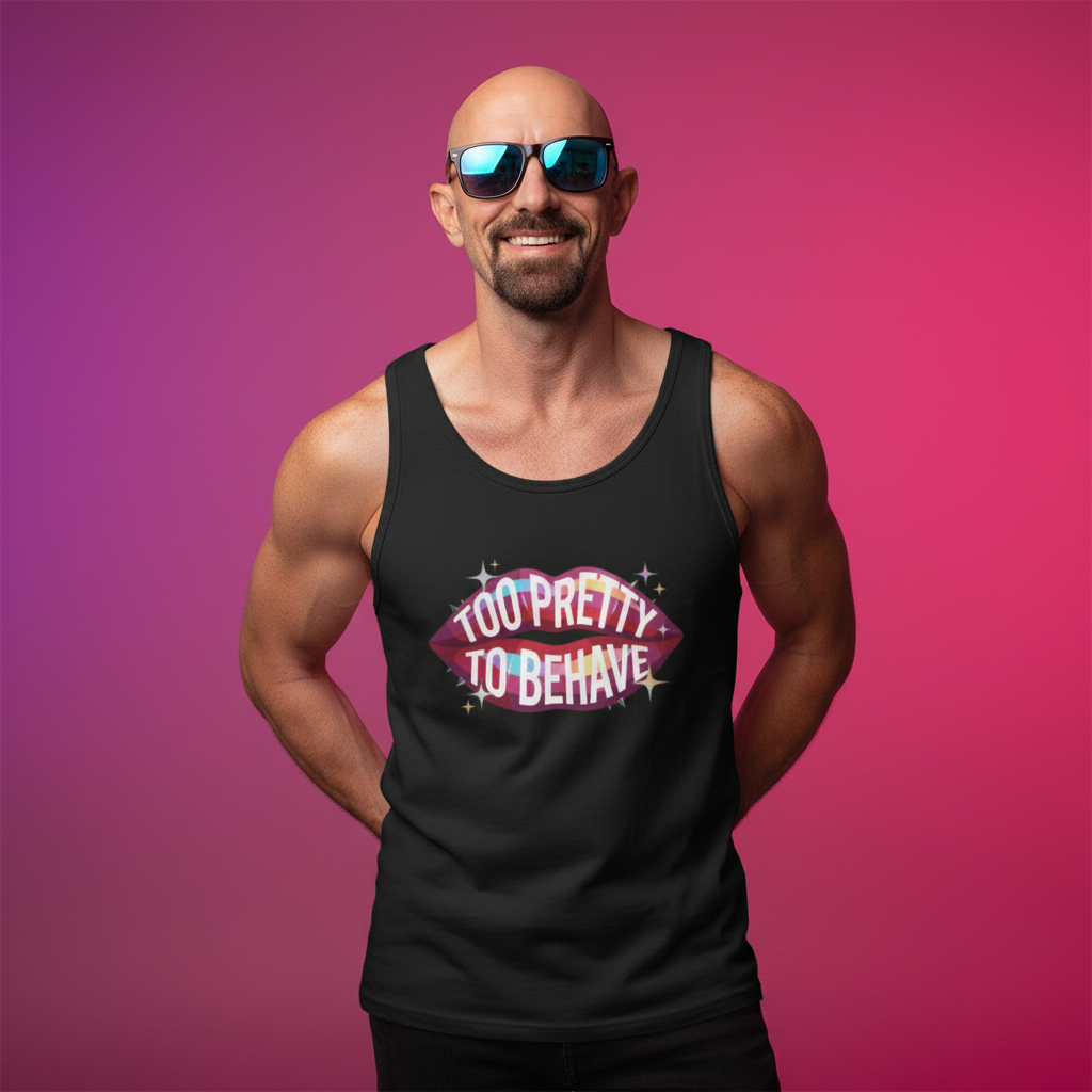 Flaunt It black unisex tank top with Too Pretty to Behave graphic featuring colorful lips on a light grey background
