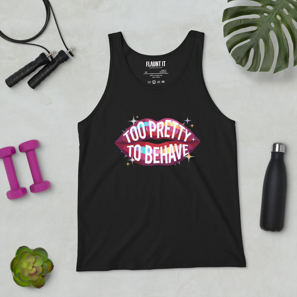 Flaunt It black unisex tank top with Too Pretty to Behave graphic featuring colorful lips on a light grey background