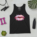 Flaunt It black unisex tank top with Too Pretty to Behave graphic featuring colorful lips on a light grey background