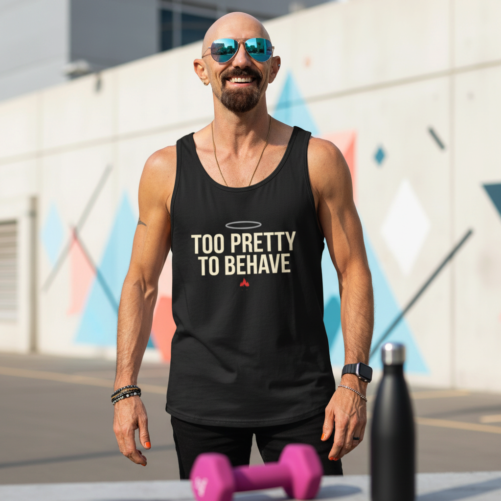 Flaunt It black unisex tank top with Too Pretty to Behave graphic worn by a smiling man in sunglasses outdoors