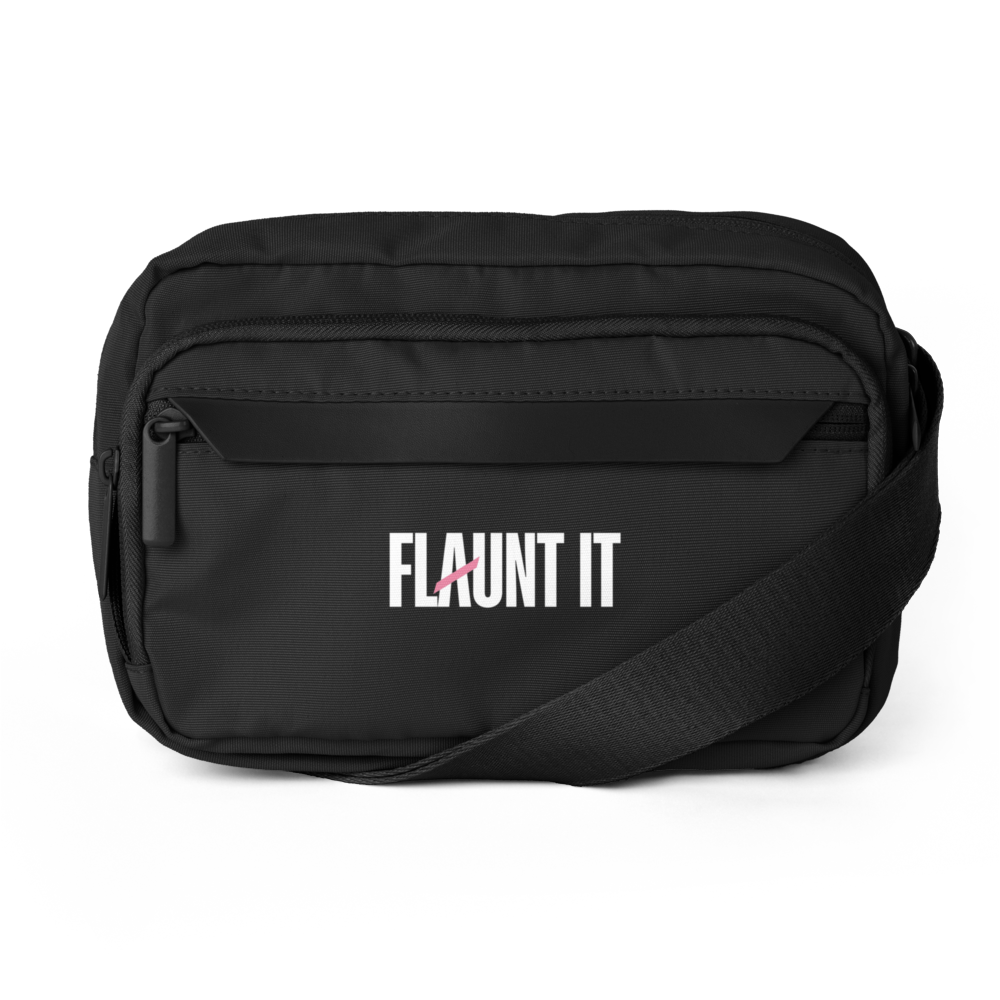 Flaunt It black recycled polyester urban crossbody bag with front wordmark logo and adjustable strap