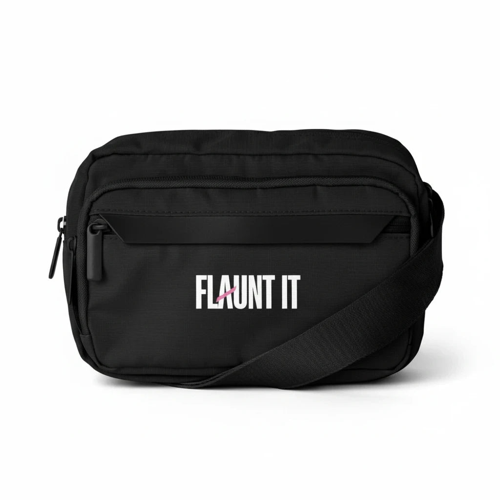 Flaunt It black recycled polyester urban crossbody bag with front wordmark logo and adjustable strap
