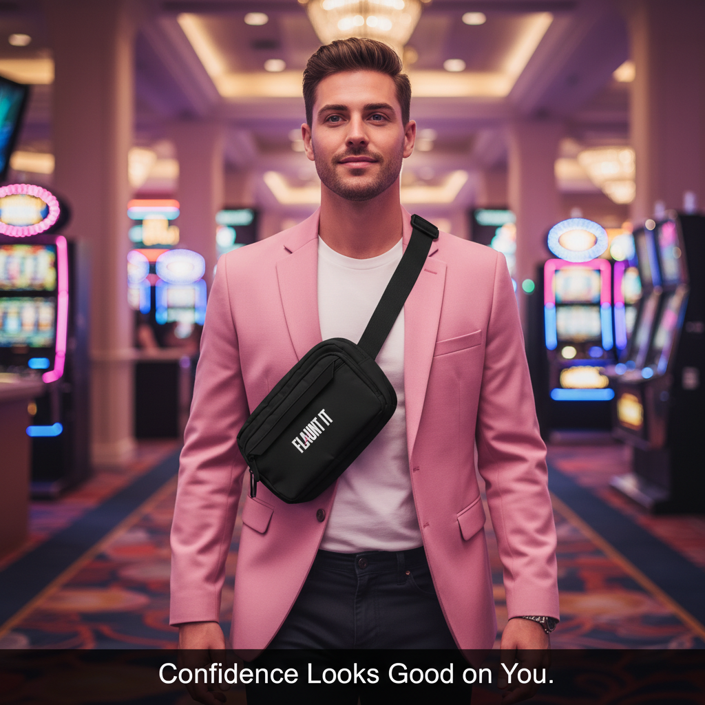 Man wearing a black Flaunt It recycled polyester urban crossbody bag over a pink blazer in a casino setting.