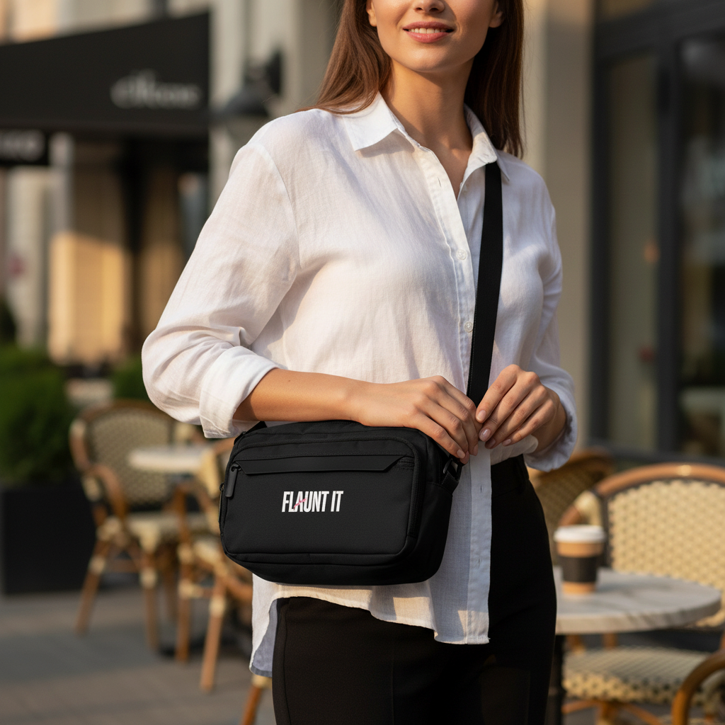 Woman wearing a black Flaunt It recycled polyester urban crossbody bag with adjustable strap in an outdoor cafe.