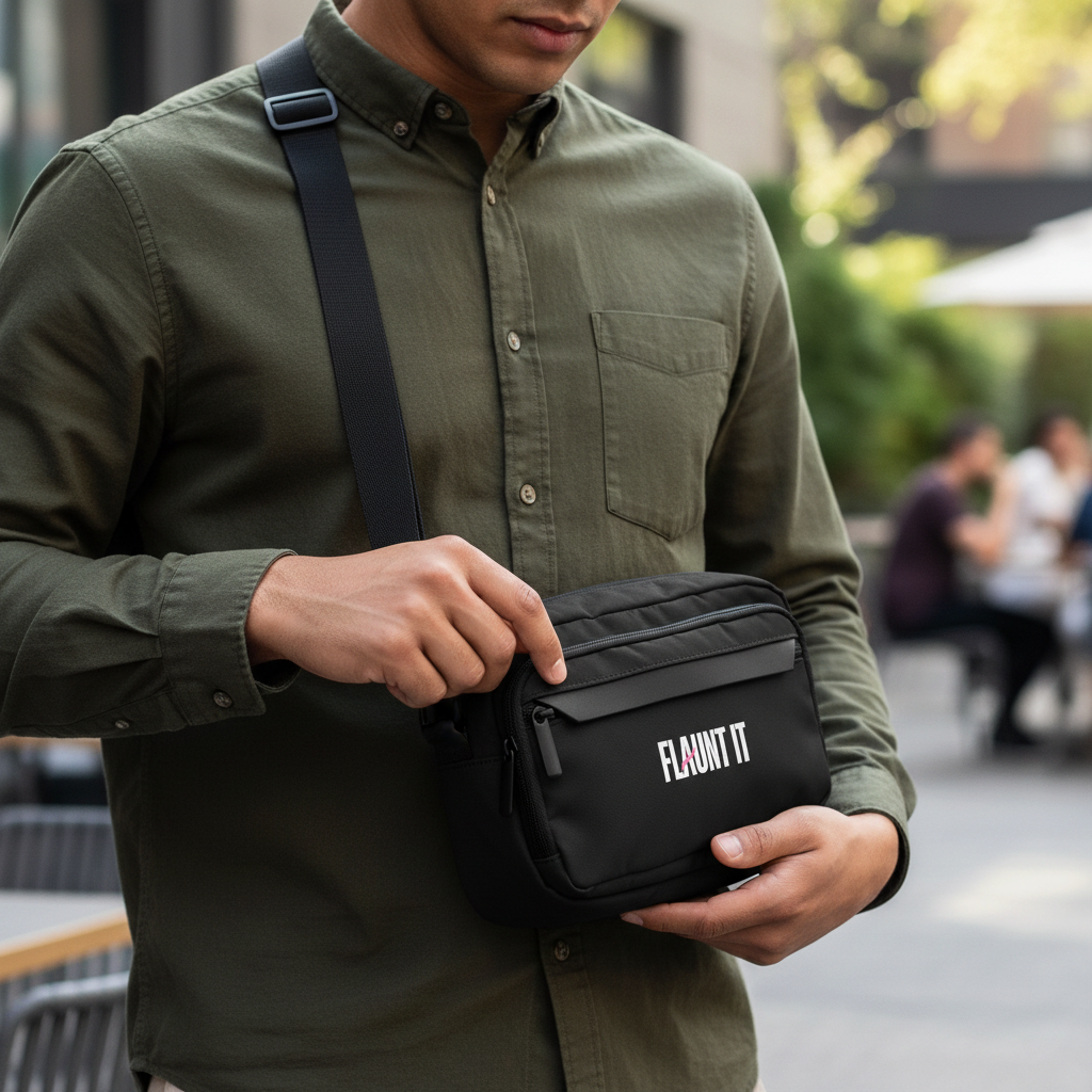 Flaunt It black recycled polyester urban crossbody bag with adjustable strap worn by a man in an olive green shirt