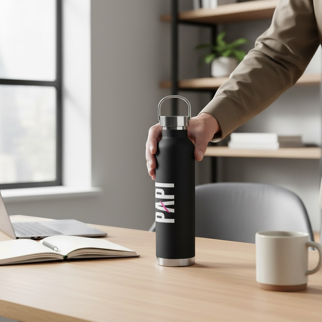 Flaunt It 22oz black stainless steel vacuum insulated water bottle with PAPI logo and pink slash on an office desk