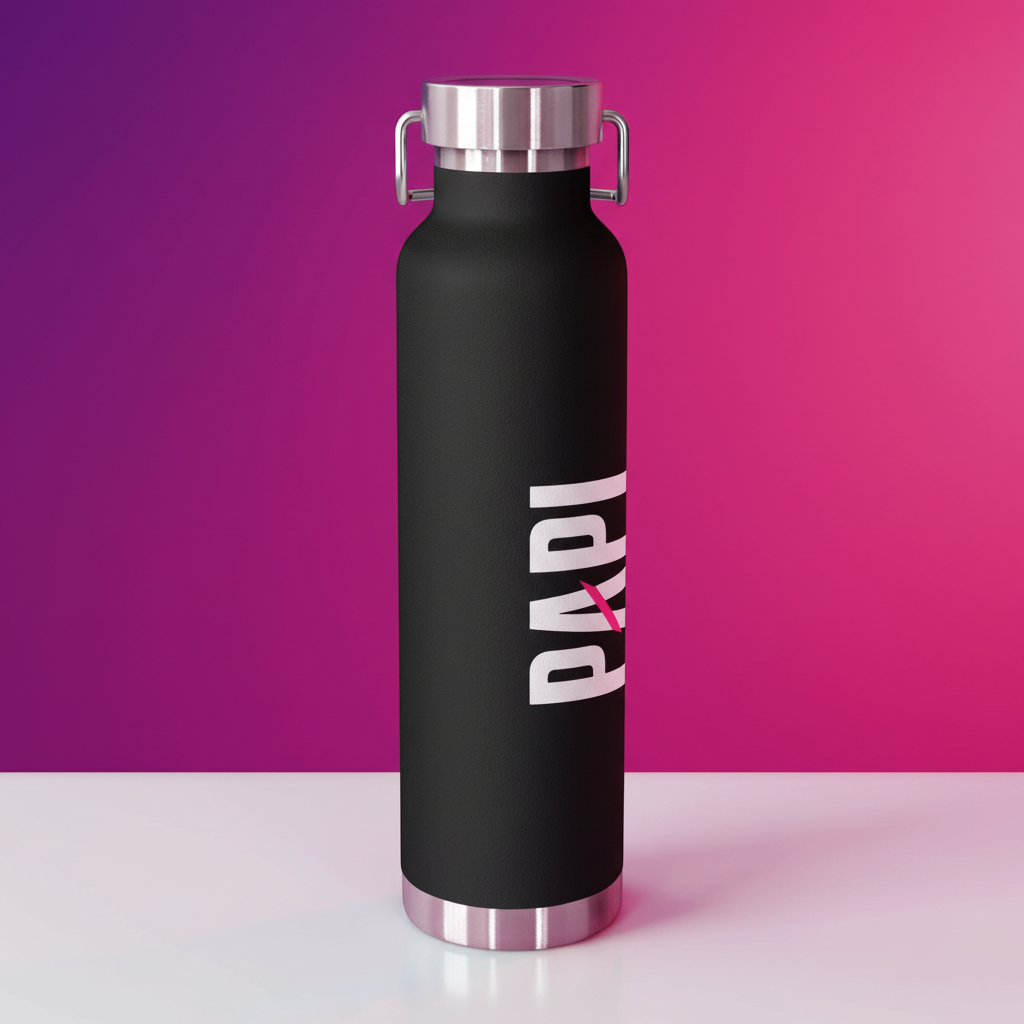 Flaunt It 22oz black stainless steel vacuum insulated water bottle with PAPI text and pink slash design