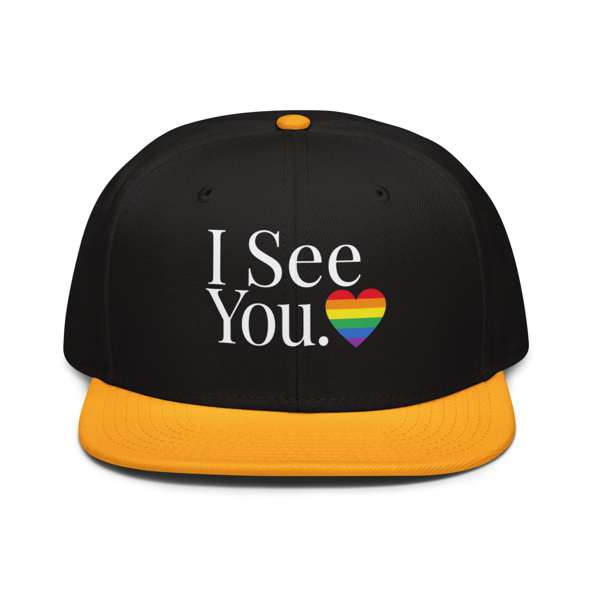Flaunt It I See You Pride snapback cap in black with a yellow flat visor and rainbow heart graphic