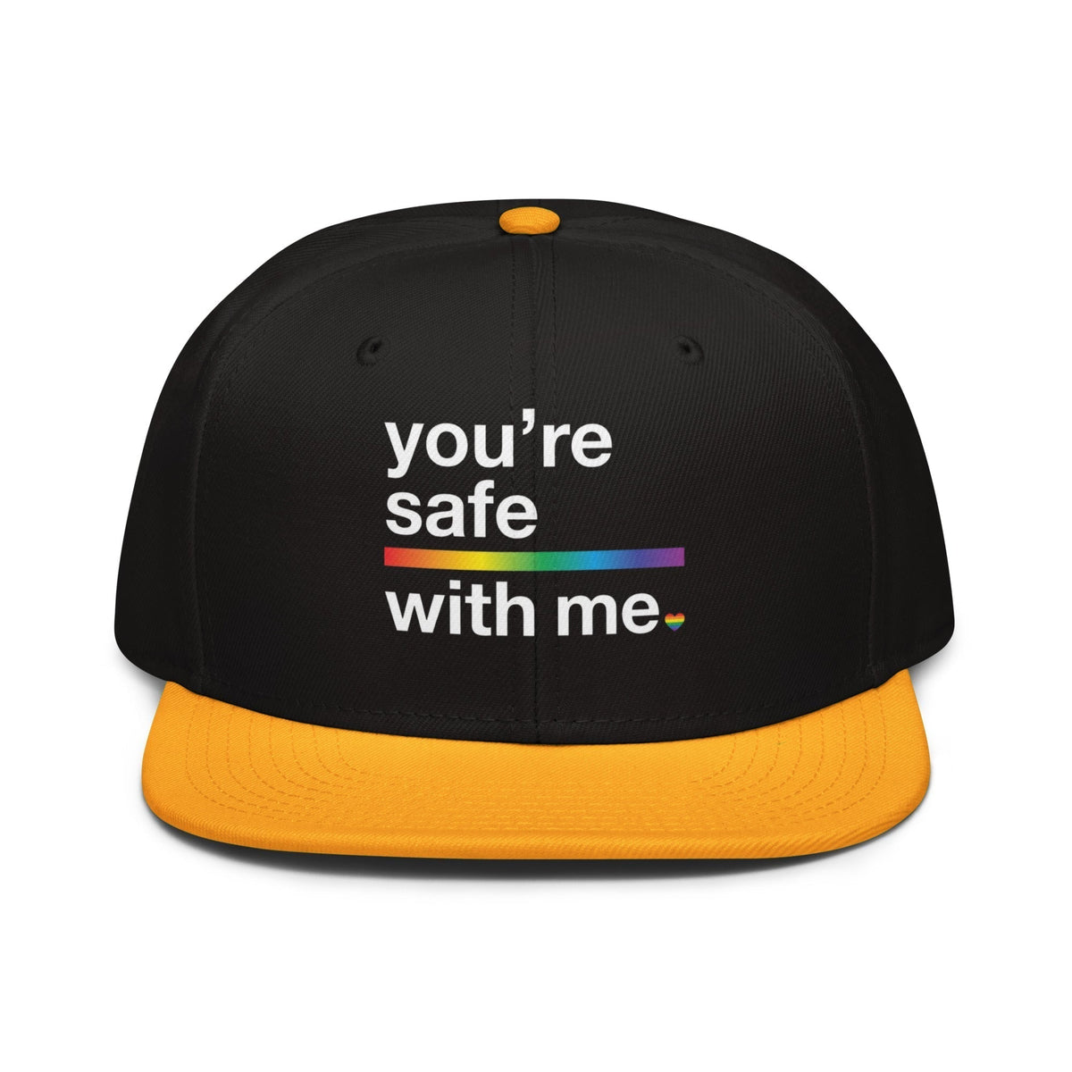 Flaunt It structured snapback cap in black and yellow with You're Safe With Me rainbow text graphic