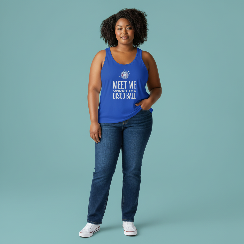 A model wearing a blue Flaunt It tank top with Meet Me Under the Disco Ball graphic text and jeans on a teal background
