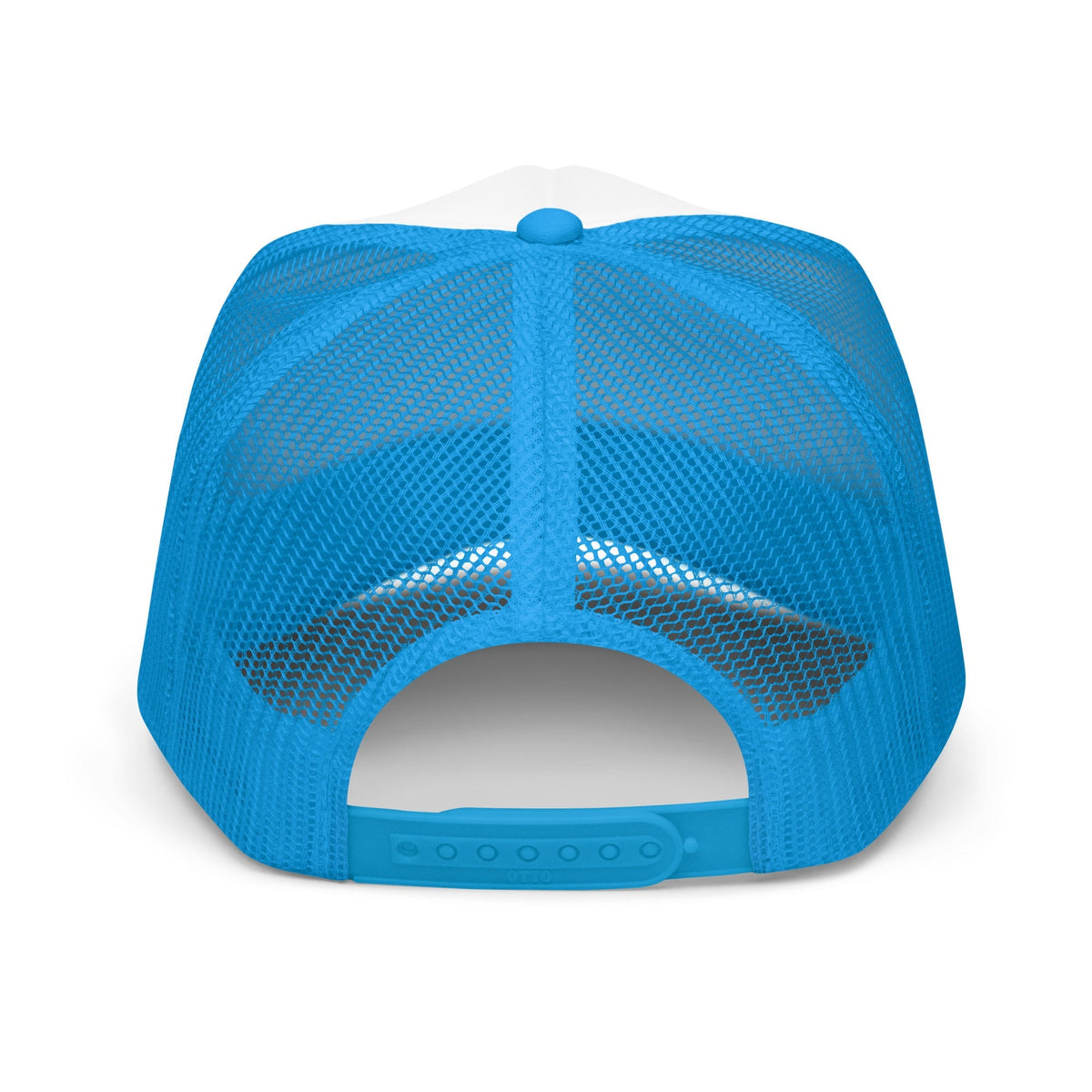 Flaunt It unisex structured trucker cap in bright blue with a breathable mesh back and adjustable plastic snap closure