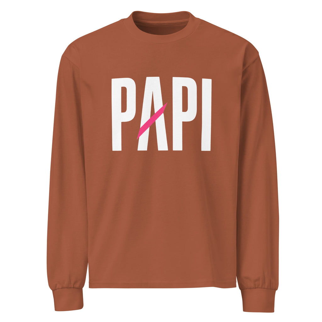 Flaunt It heavyweight cotton long sleeve shirt in rust brown with white PAPI text and a pink slash graphic.