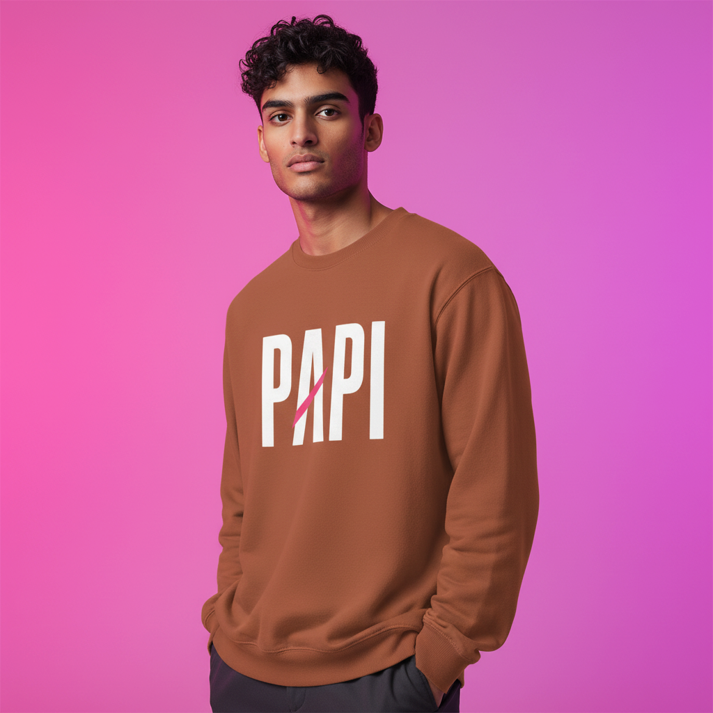 Flaunt It unisex heavyweight long sleeve shirt in brown with white PAPI graphic and pink slash detail on a model.