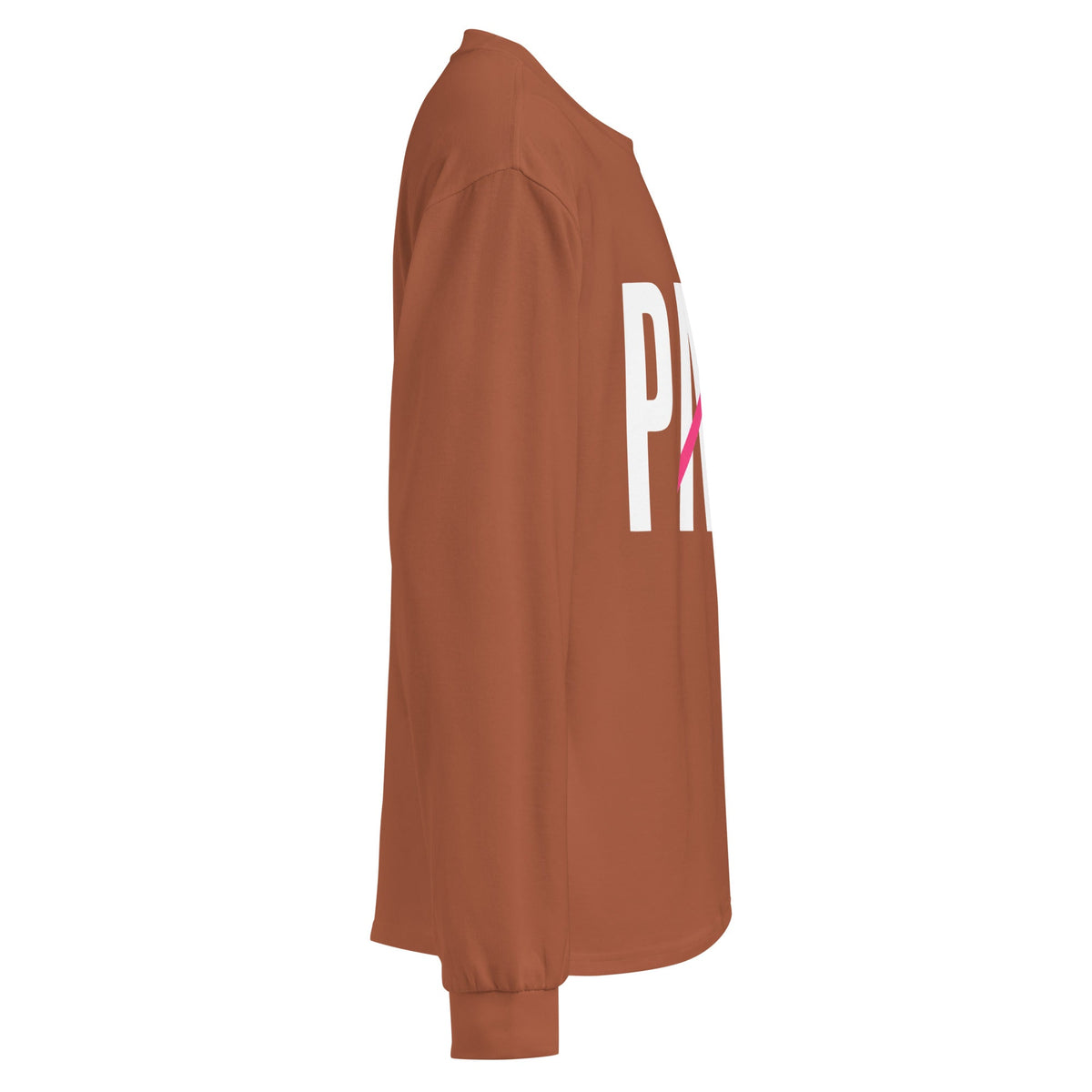Flaunt It heavyweight cotton long sleeve shirt in brown with Papi graphic and pink slash detail, side view.