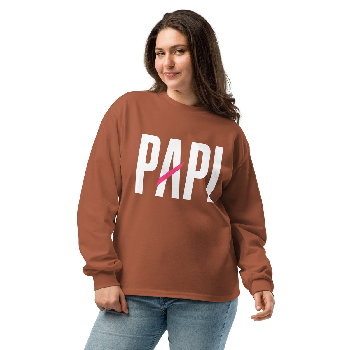 Flaunt It unisex heavyweight long sleeve shirt in brown with white PAPI text and a pink slash graphic on a model