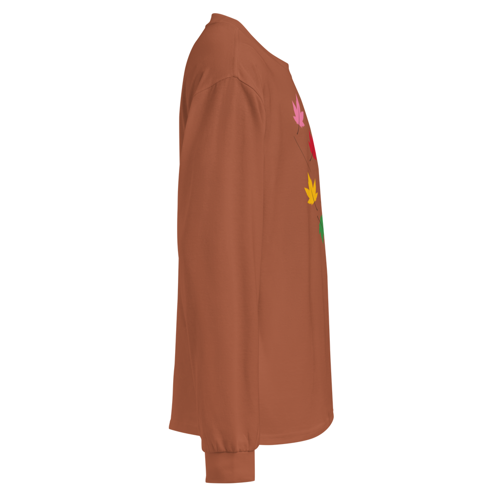 Flaunt It brown heavyweight cotton long sleeve shirt featuring a diagonal print of colorful pride maple leaves