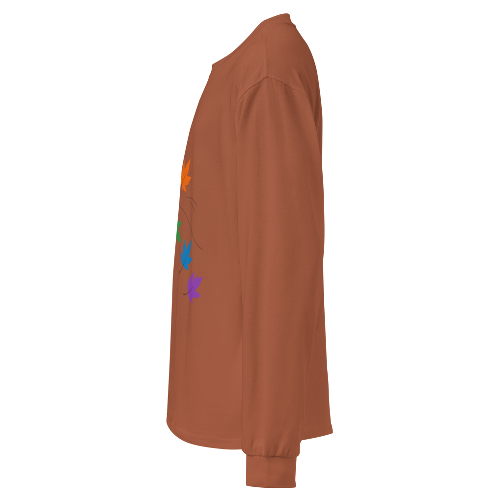 Flaunt It brown heavyweight cotton long sleeve shirt with colorful pride maple leaf graphic, side view
