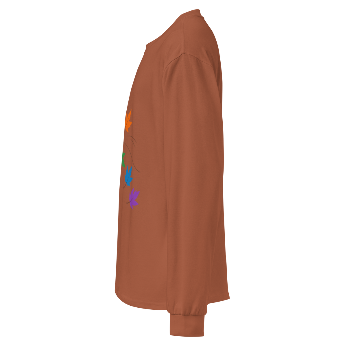 Flaunt It brown heavyweight cotton long sleeve shirt with colorful pride maple leaf graphic, side view
