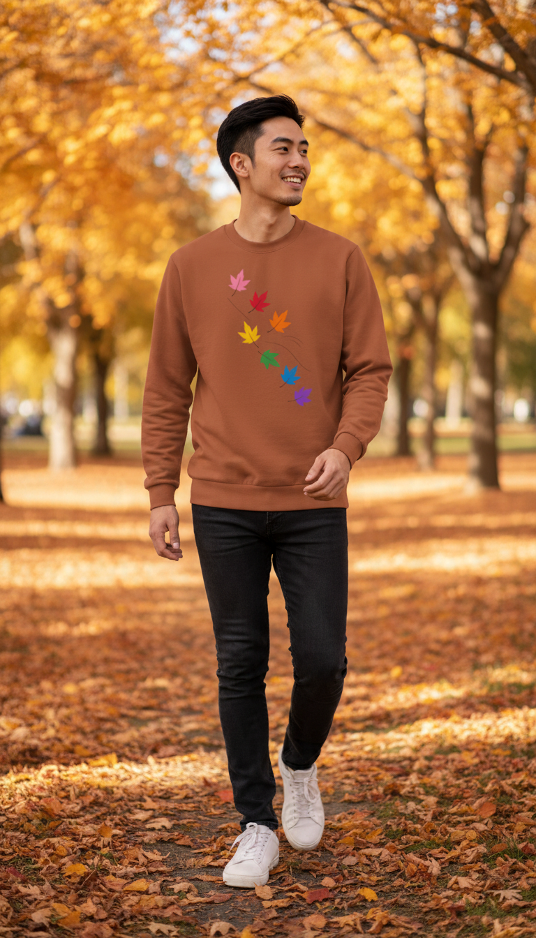 Flaunt It brown heavyweight long sleeve shirt with pride maple leaves graphic, worn by a man in an autumn park.