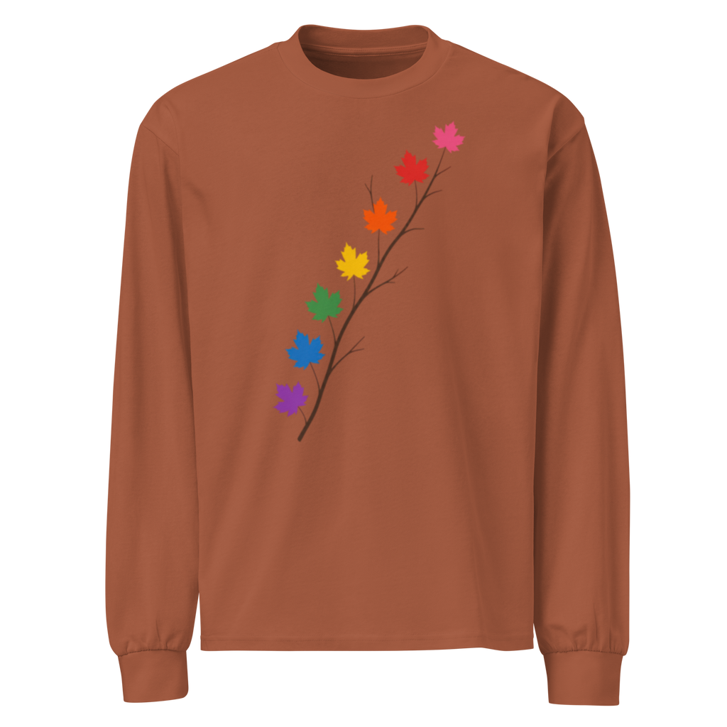 Flaunt It heavyweight long sleeve shirt in rust brown featuring a diagonal branch with colorful pride maple leaves.