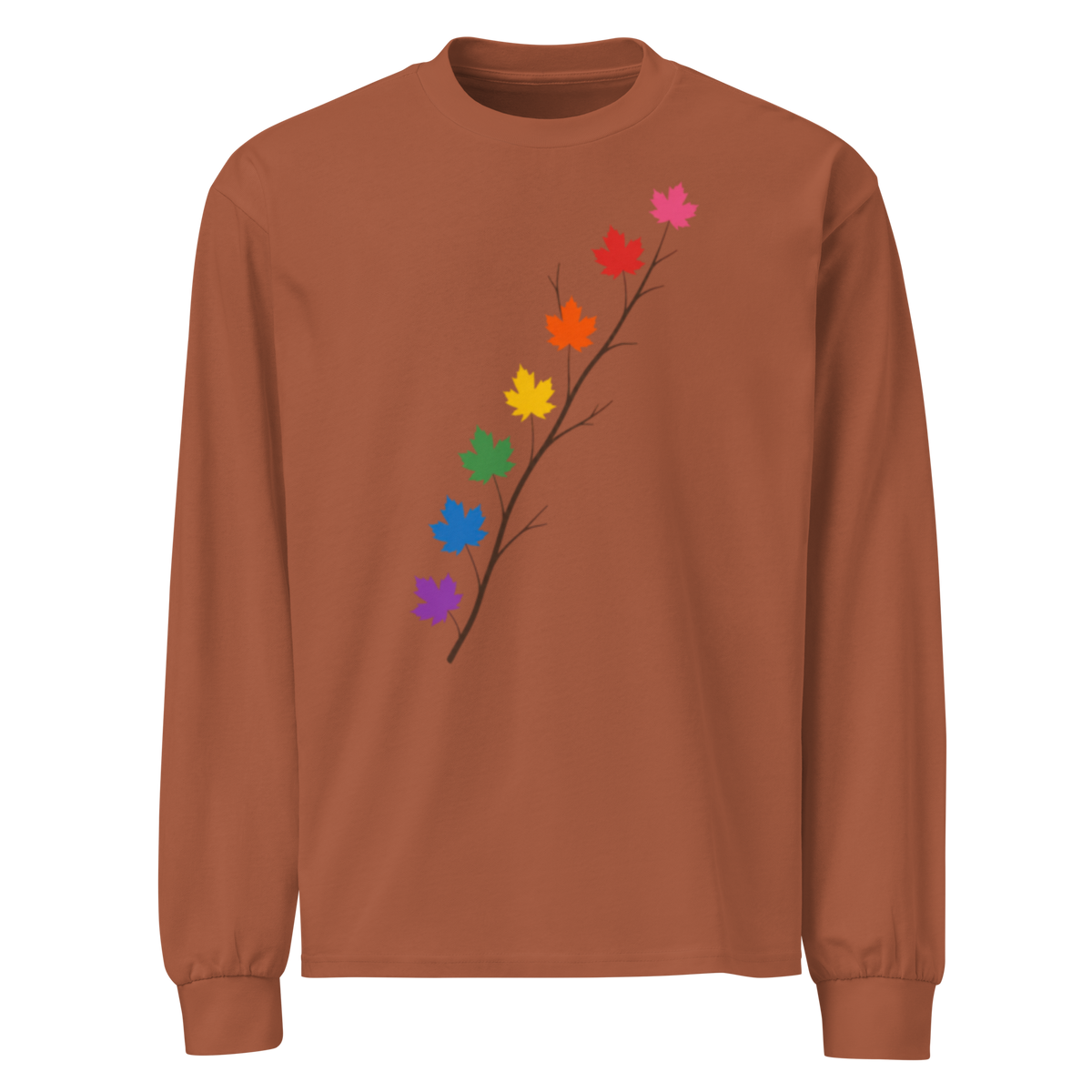 Flaunt It heavyweight long sleeve shirt in rust brown featuring a diagonal branch with colorful pride maple leaves.