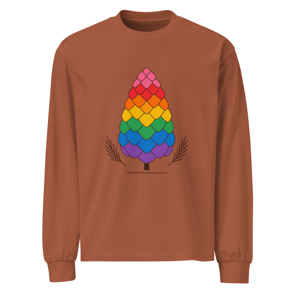 Flaunt It heavyweight long sleeve shirt in brown with a colorful pride pinecone graphic and needle sprigs.