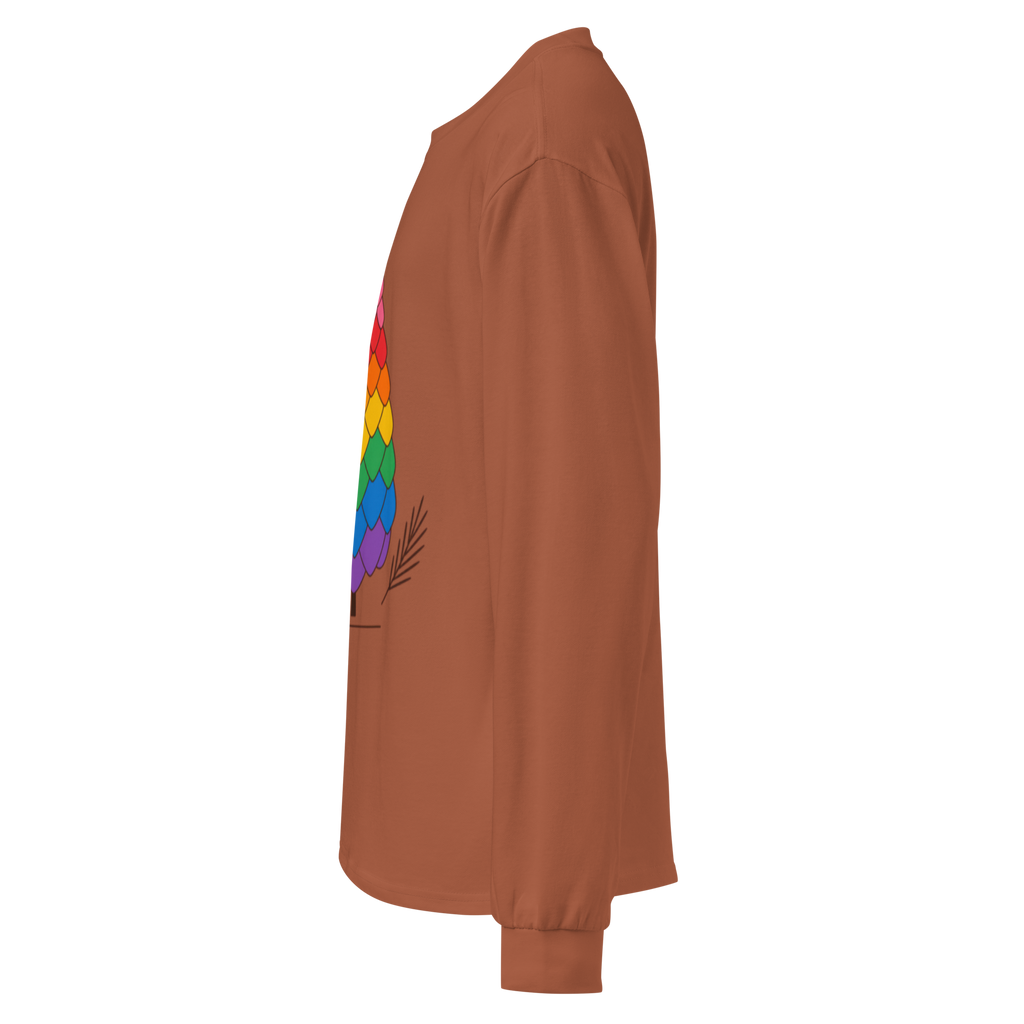 Flaunt It heavyweight long sleeve shirt in brown with a rainbow pride pinecone graphic, side view.