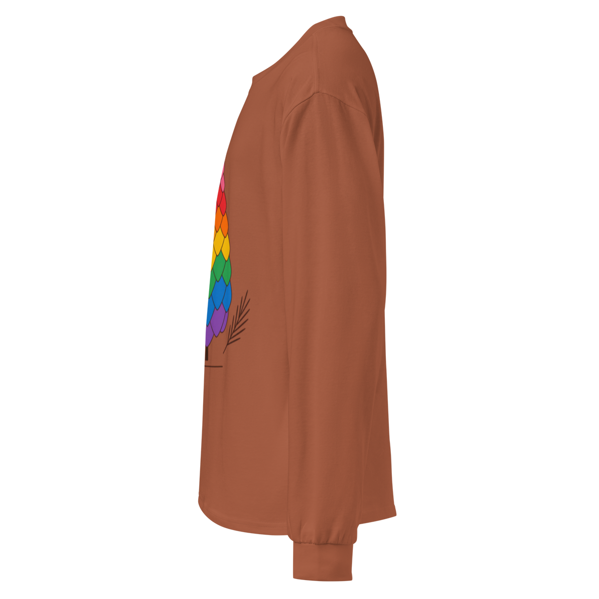 Flaunt It heavyweight long sleeve shirt in brown with a rainbow pride pinecone graphic, side view.