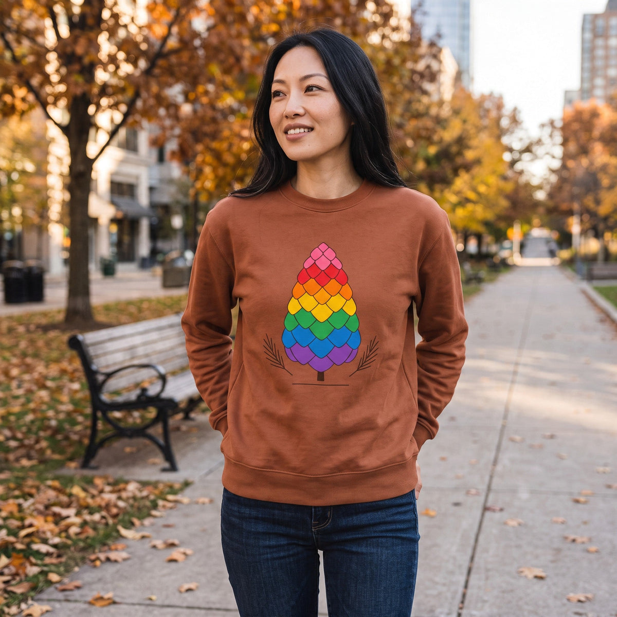 Flaunt It heavyweight long sleeve shirt in brown with a colorful pride pinecone graphic, worn by a woman outdoors.