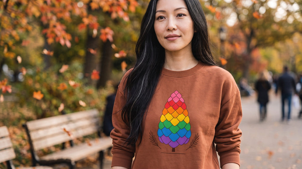 Flaunt It brown heavyweight long sleeve shirt with a colorful pride pinecone graphic, worn by a woman in a park.