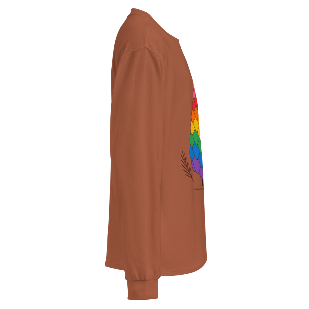 Flaunt It heavyweight long sleeve shirt in brown with a colorful pride pinecone graphic, side view.