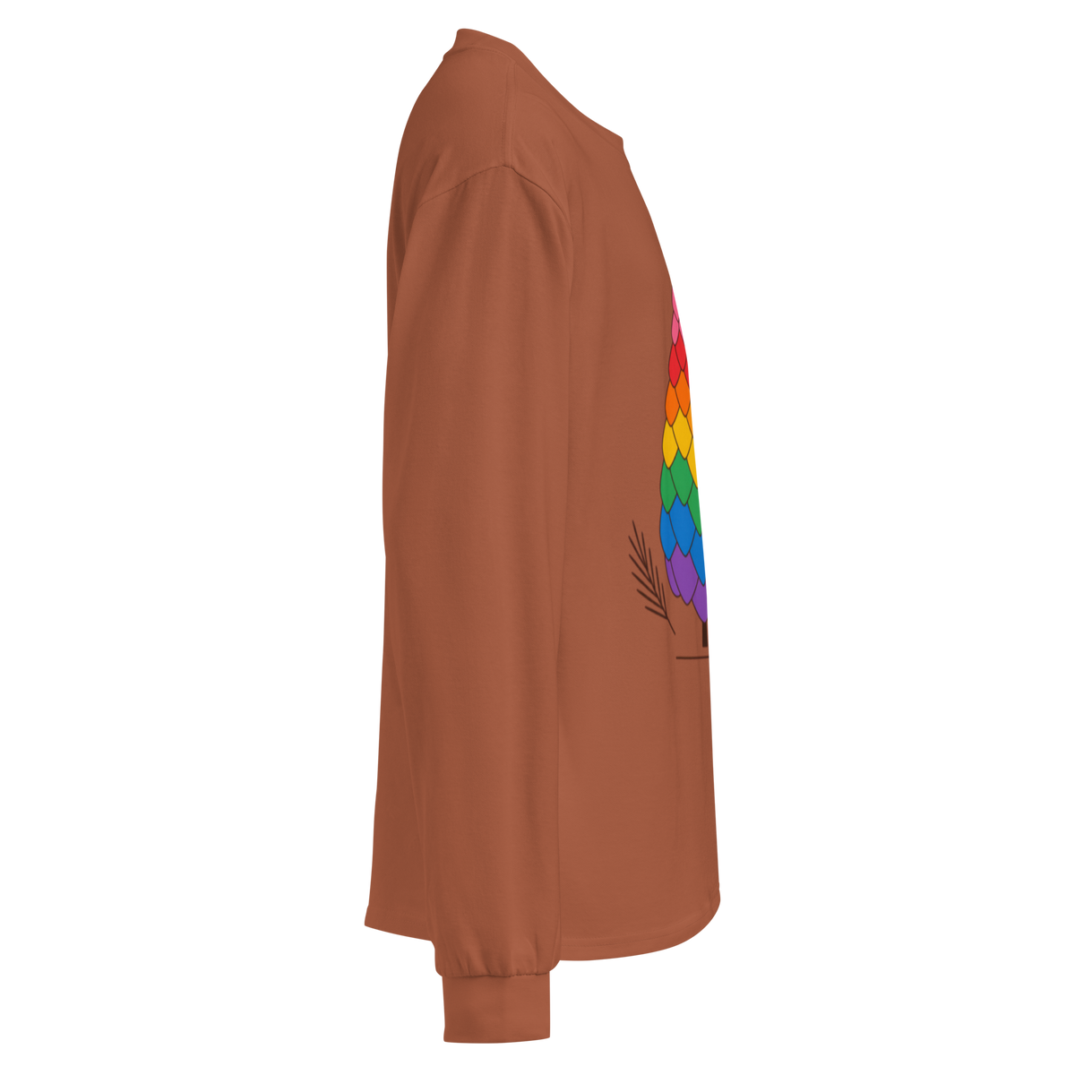 Flaunt It heavyweight long sleeve shirt in brown with a colorful pride pinecone graphic, side view.