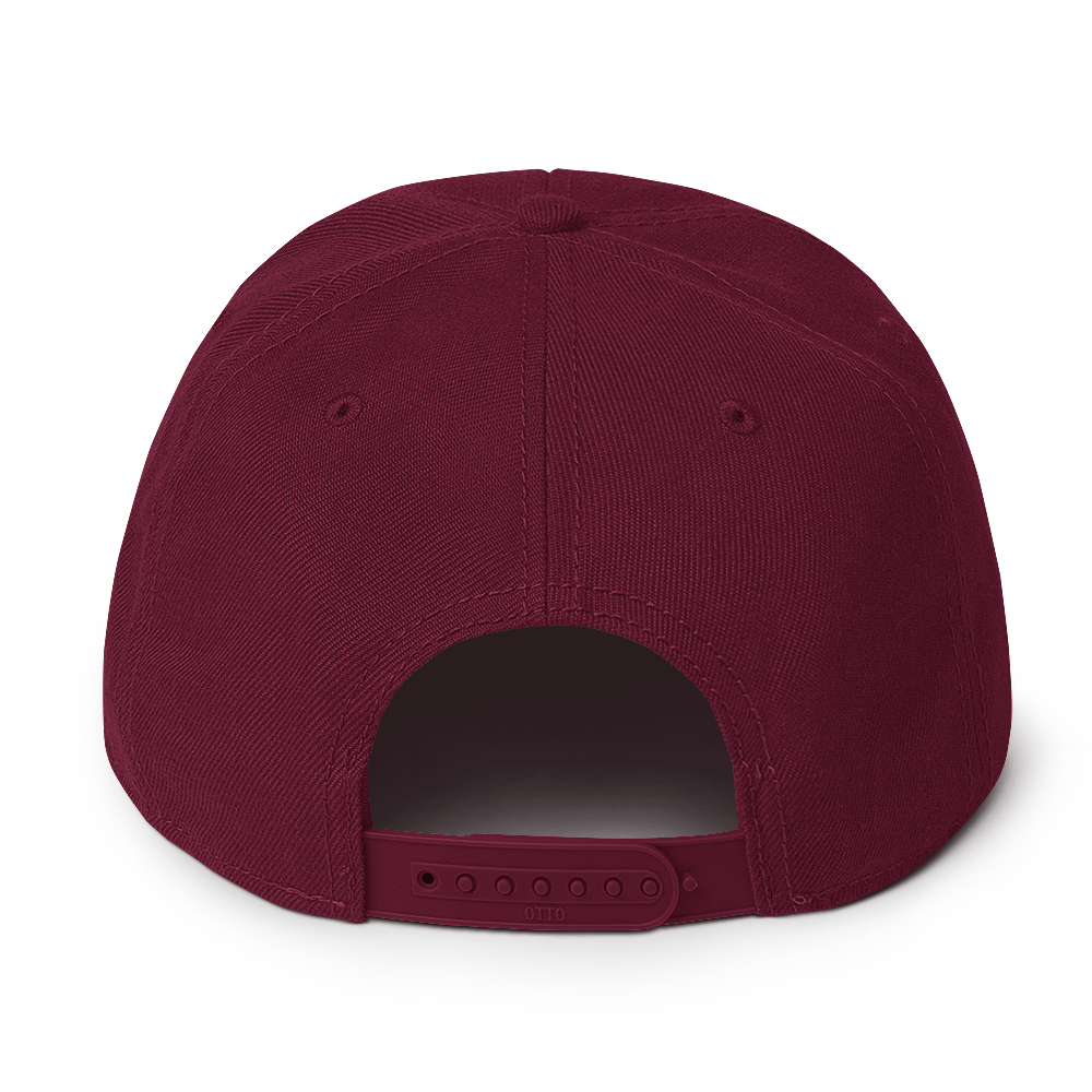 Flaunt It structured snapback hat in deep burgundy with an adjustable plastic snap closure, rear view.