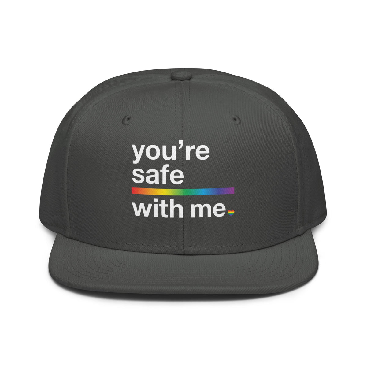 Flaunt It structured snapback cap in dark grey with You're Safe With Me text and a rainbow graphic on the front