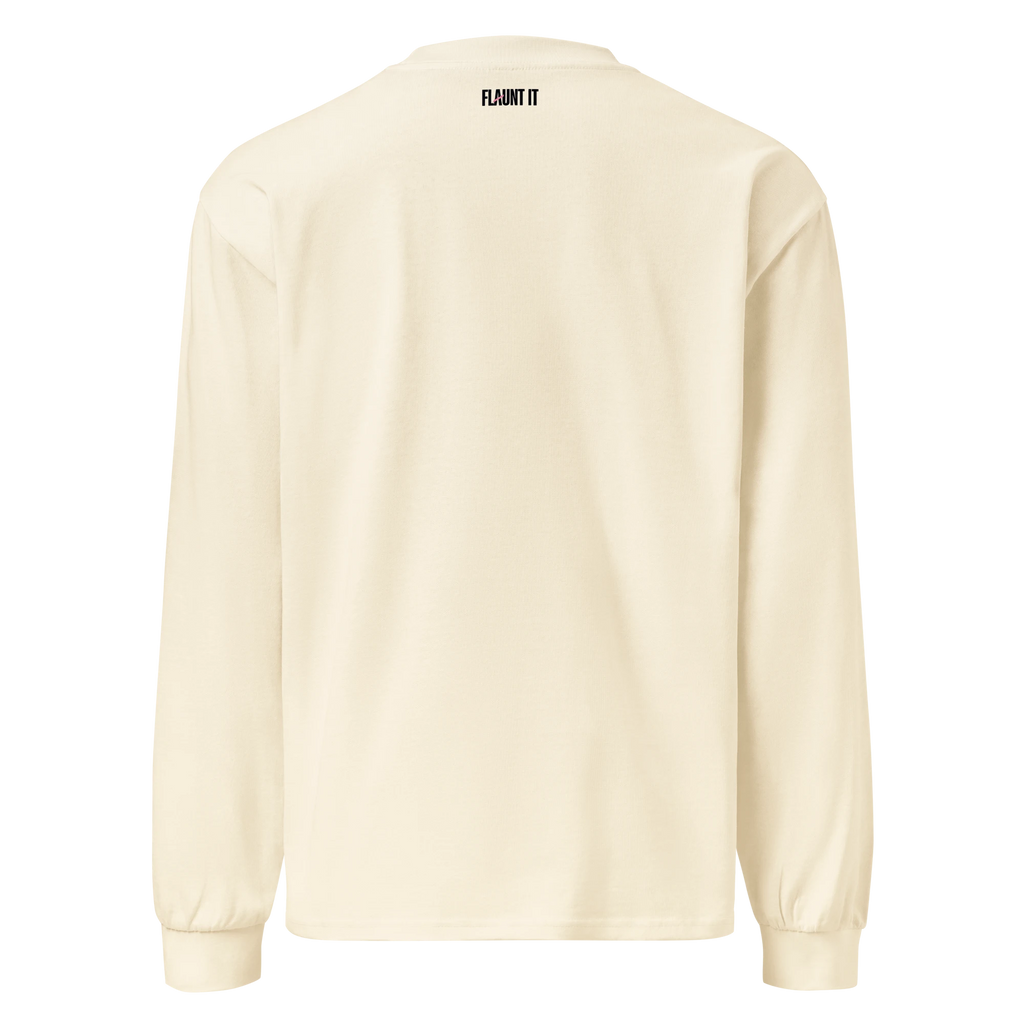 Flaunt It cream heavyweight long sleeve shirt, back view with small black brand logo at the neck