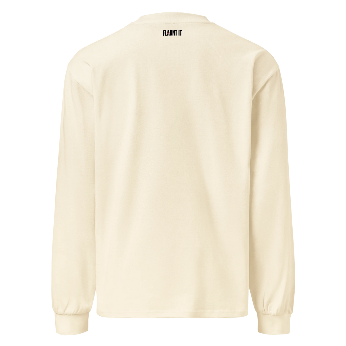 Flaunt It cream heavyweight long sleeve shirt, back view with small black brand logo at the neck