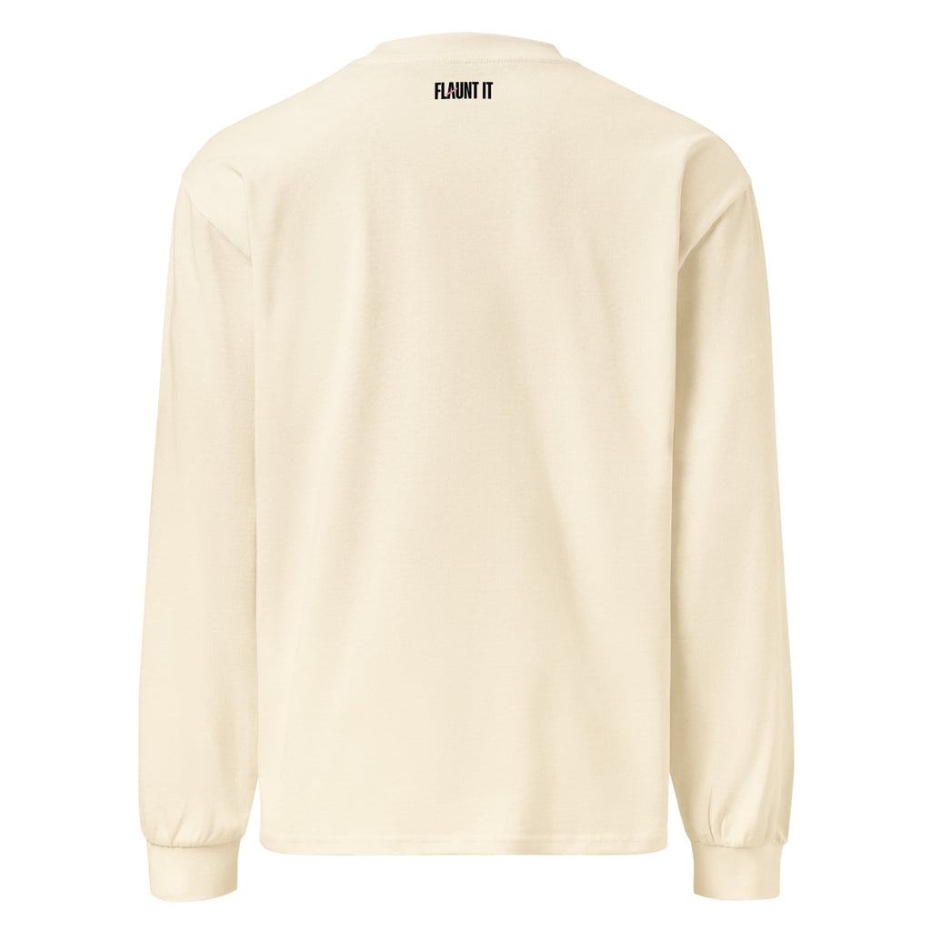 Flaunt It unisex heavyweight long sleeve shirt in cream cotton with brand logo on the back neck, back view