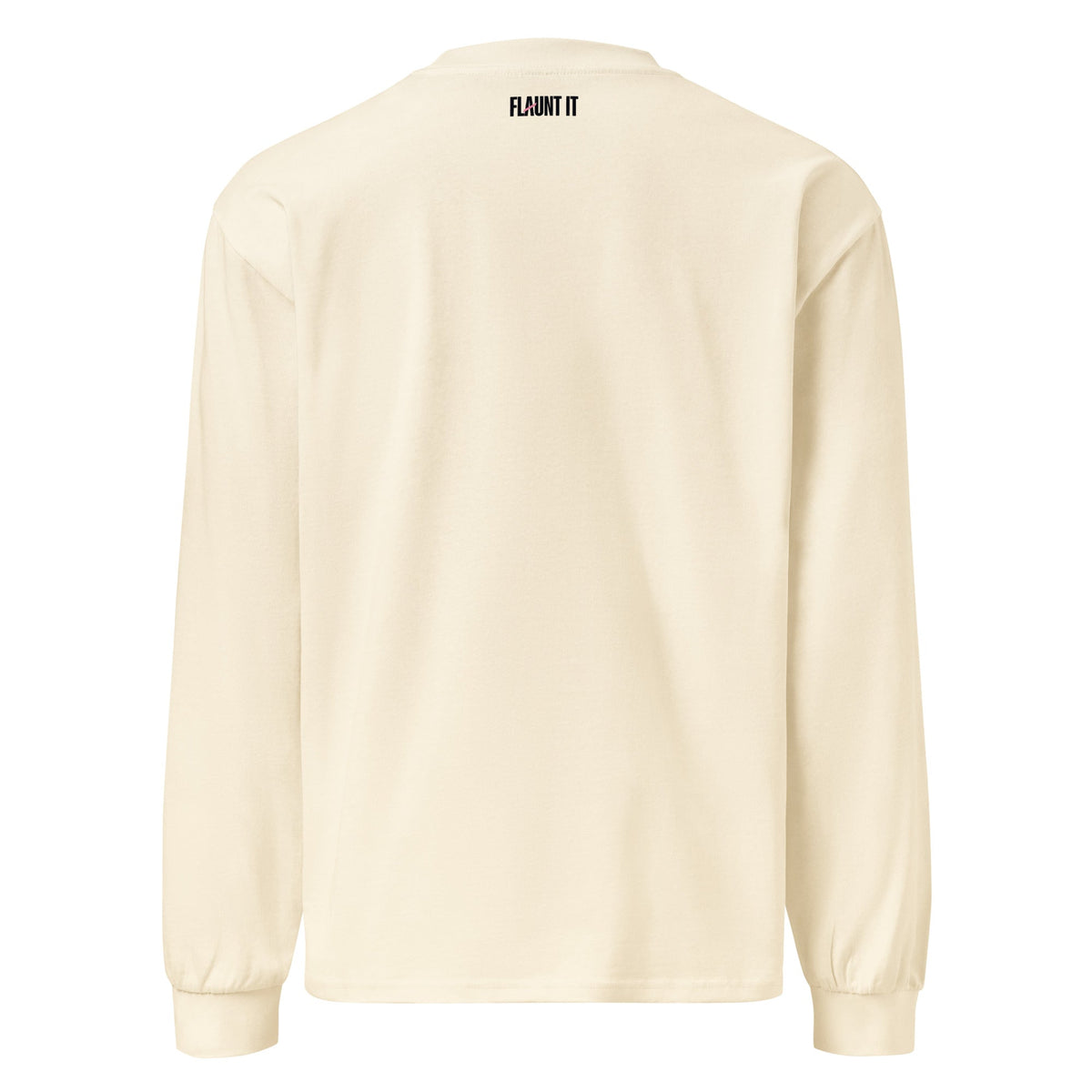 Flaunt It unisex heavyweight long sleeve shirt in cream cotton with brand logo on the back neck, back view