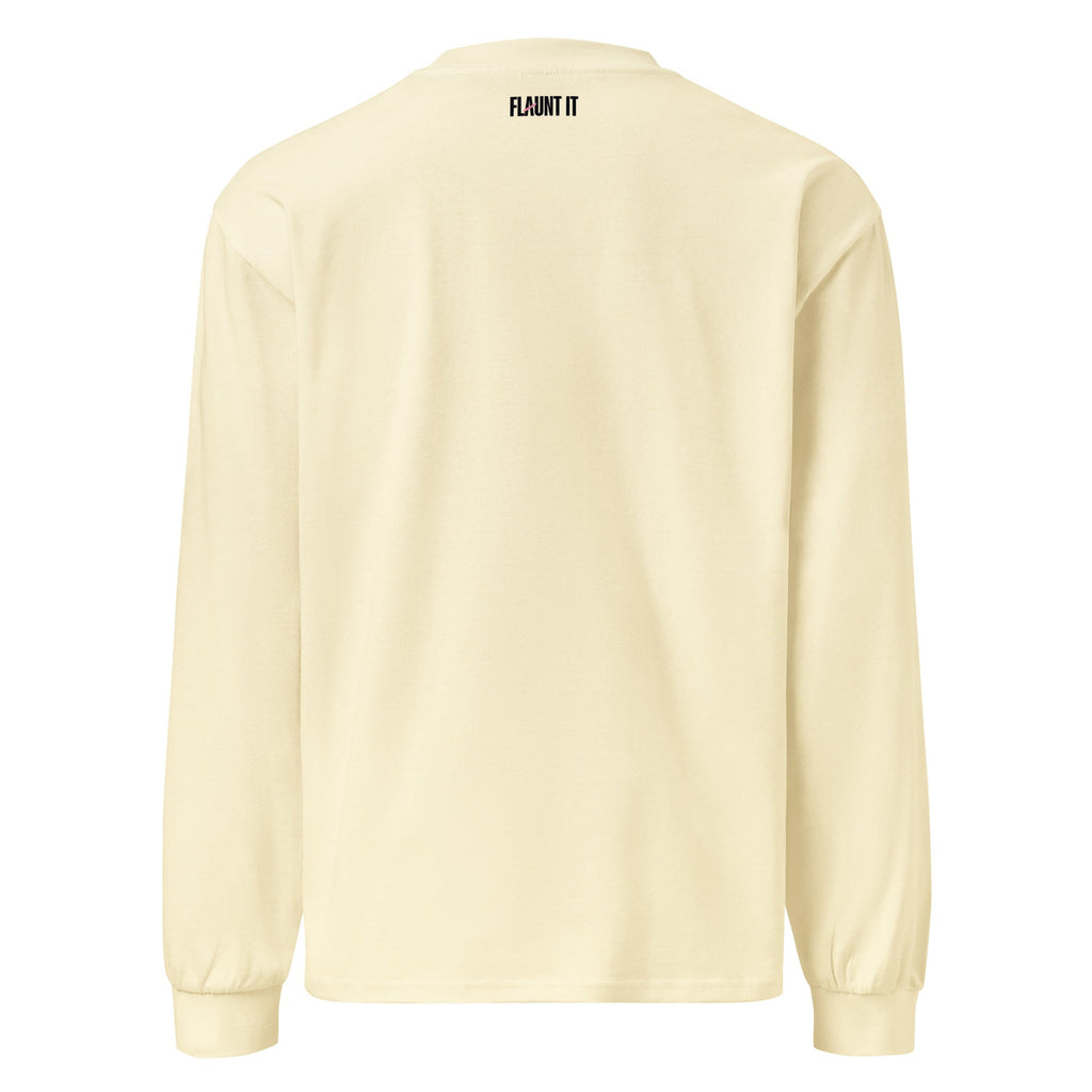 Back view of a Flaunt It heavyweight cotton long sleeve shirt in cream with a small black logo at the neck.
