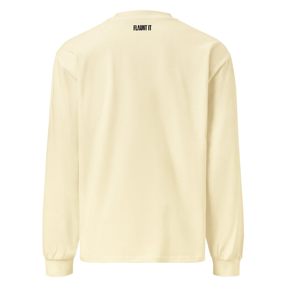Back view of a Flaunt It heavyweight cotton long sleeve shirt in cream with a small black logo at the neck.