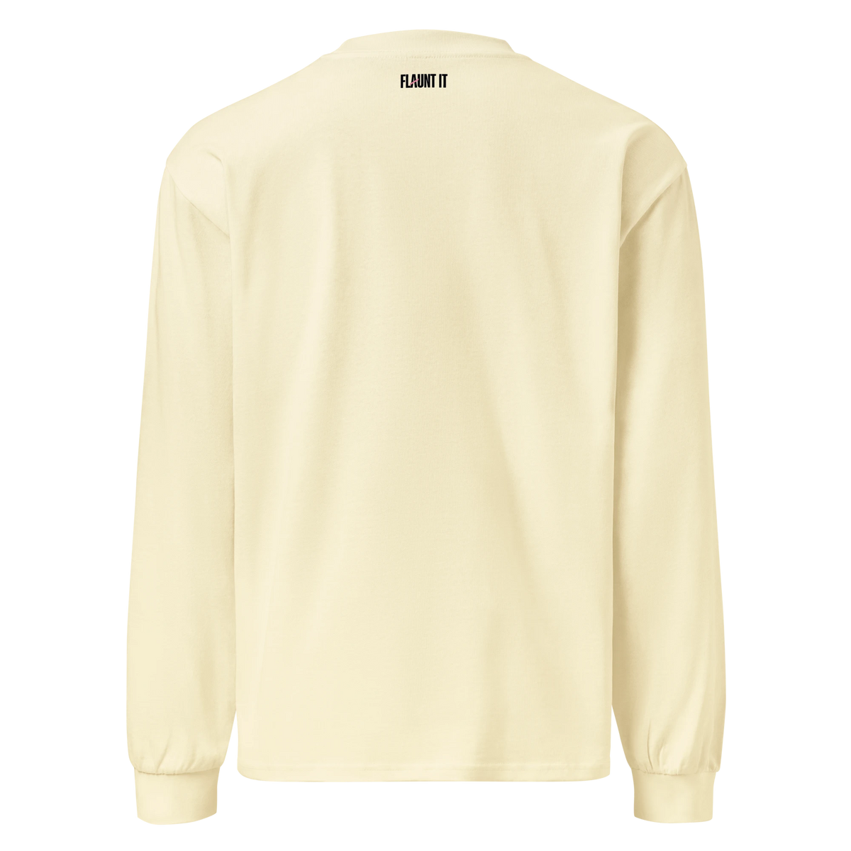 Back view of a cream-colored Flaunt It unisex heavyweight long sleeve shirt with a small black logo at the neck.