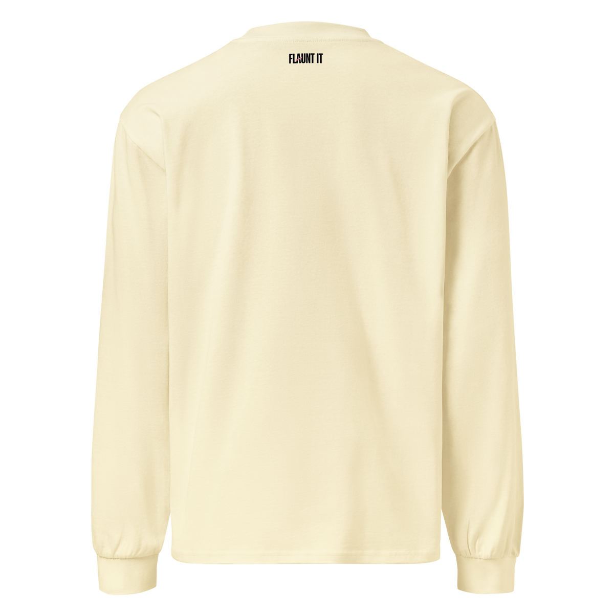 Back view of a cream-colored Flaunt It heavyweight long sleeve cotton shirt with a small brand logo at the neck.