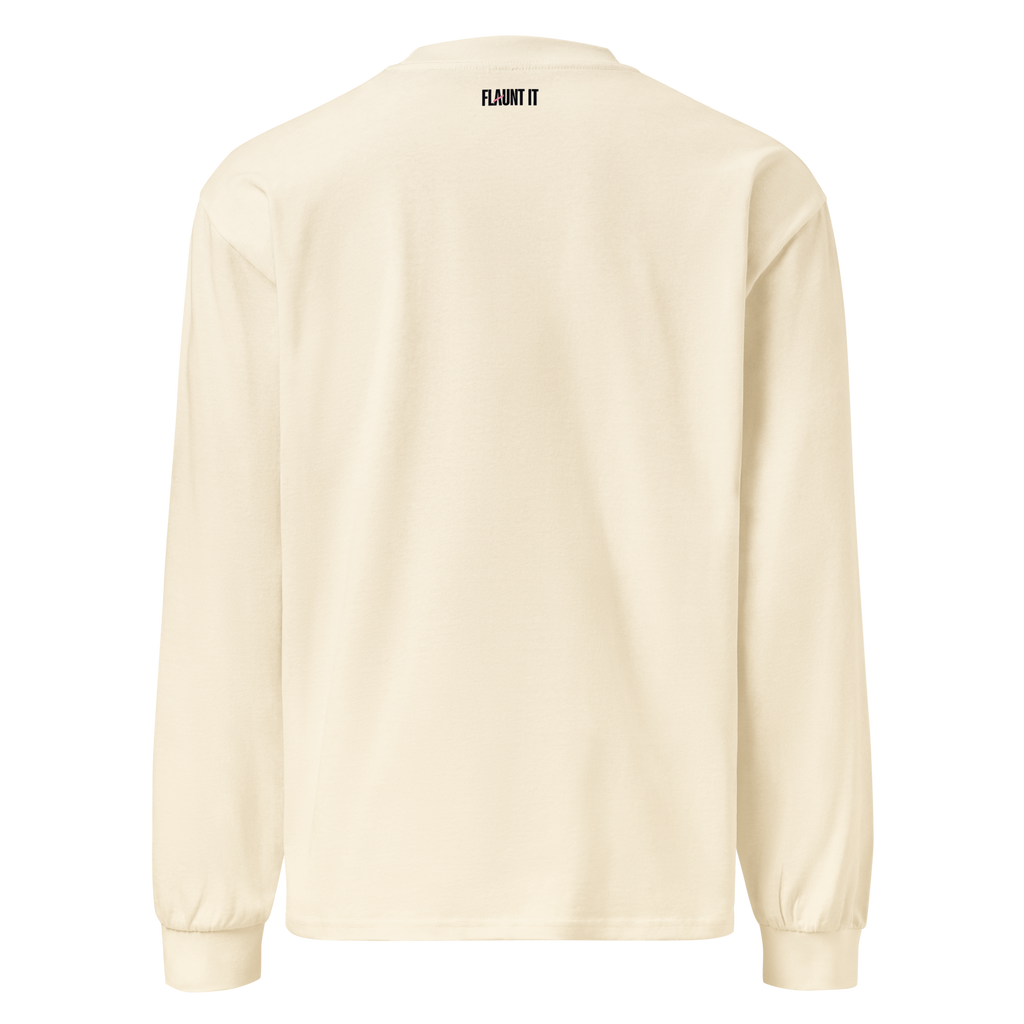 Back view of a cream-colored Flaunt It heavyweight cotton long sleeve shirt with a small brand logo at the neckline.