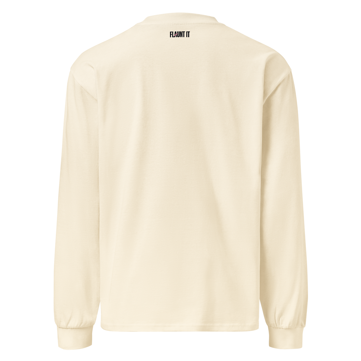 Back view of a cream-colored Flaunt It heavyweight cotton long sleeve shirt with a small brand logo at the neckline.