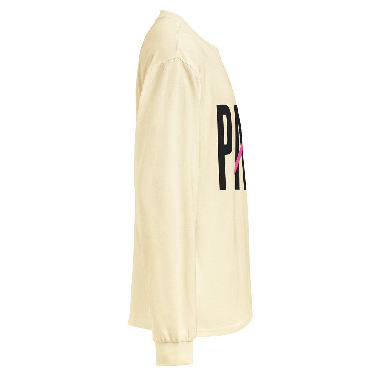 Flaunt It unisex heavyweight long sleeve shirt in cream with black PAPI text and a pink slash graphic, side view.