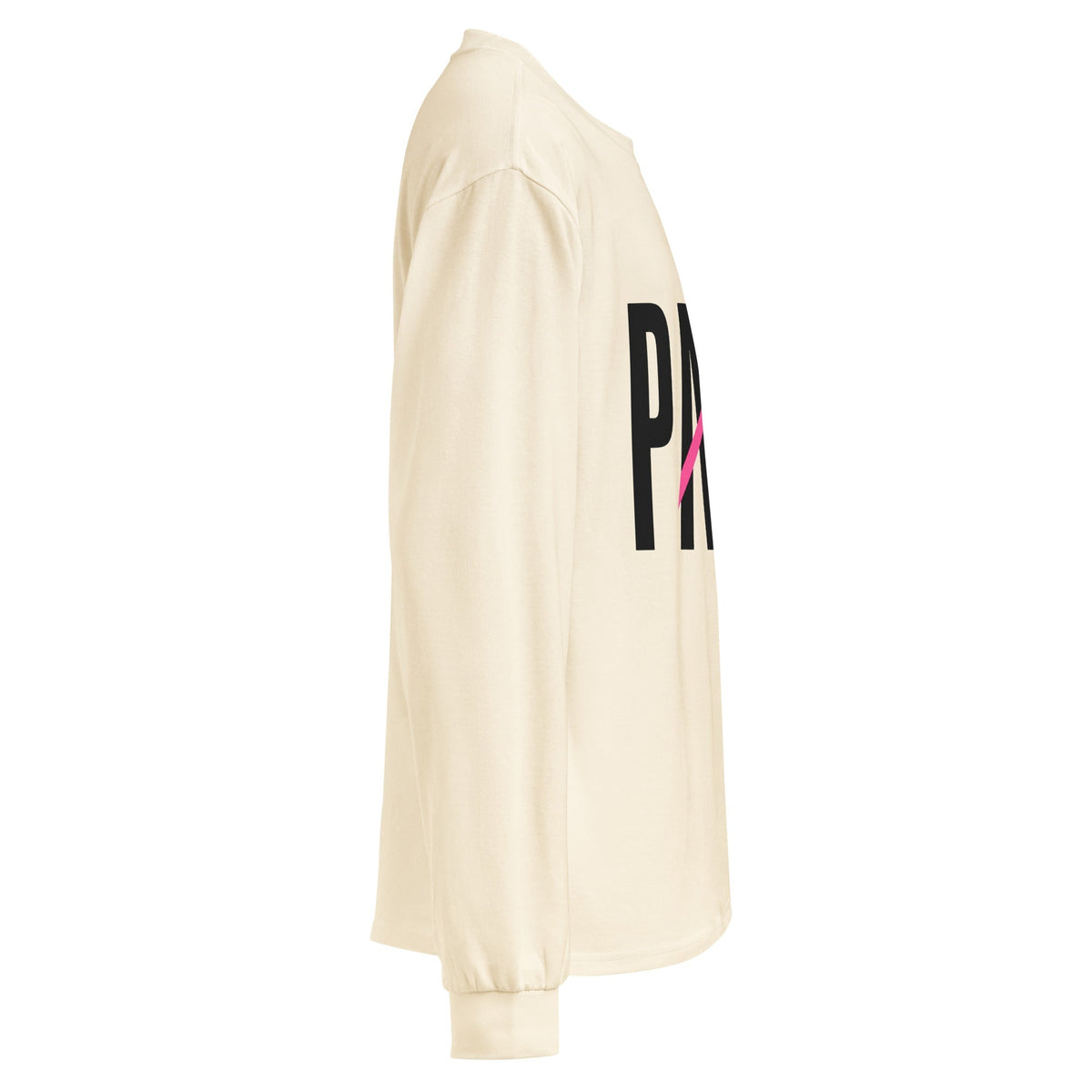 Flaunt It Papi heavyweight long sleeve shirt in cream cotton with black lettering and a pink slash graphic, side view.