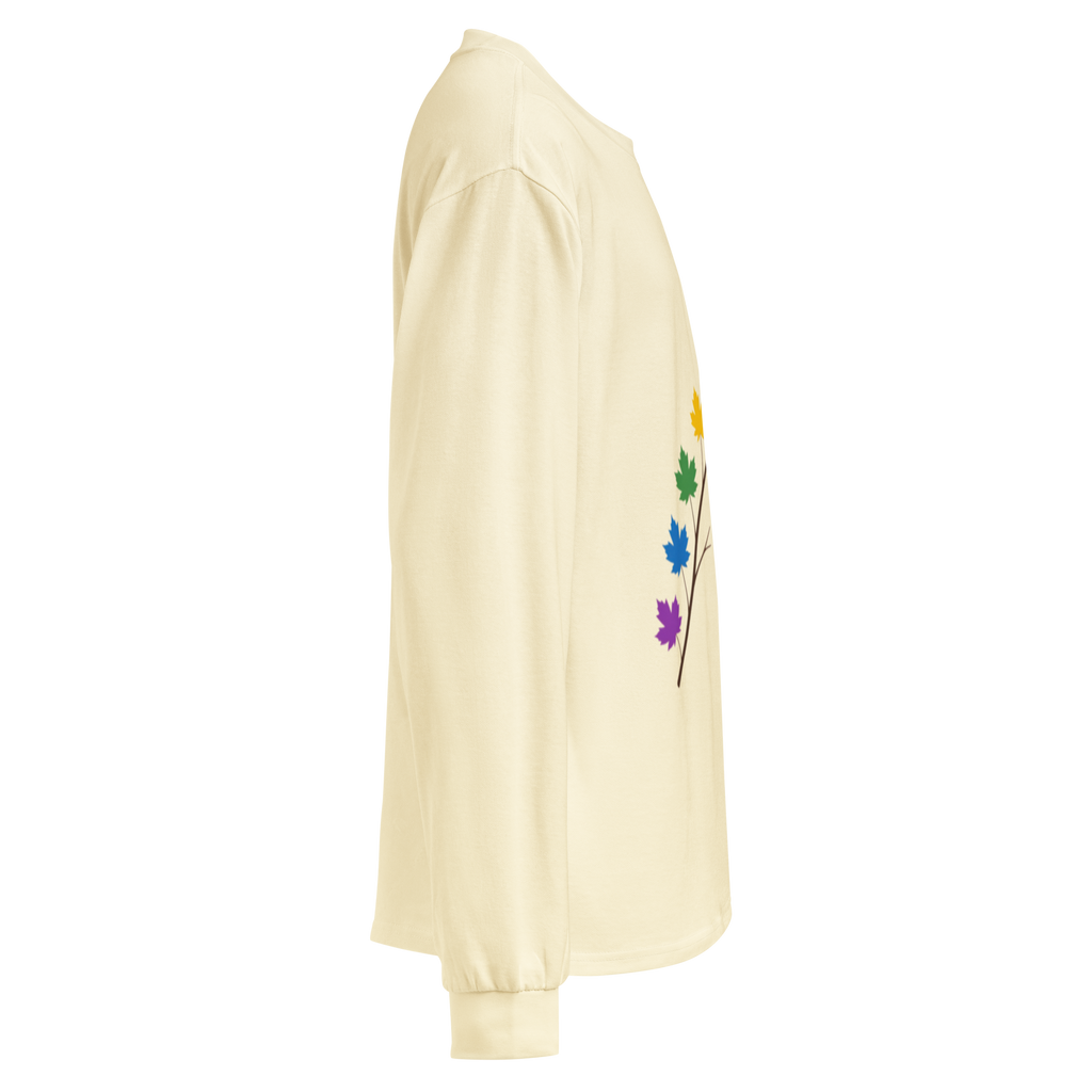 Side view of a Flaunt It cream heavyweight long sleeve shirt featuring a pride maple leaf branch graphic.